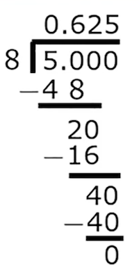 Ejemplo de conversión de una fracción a decimal usando división larga
