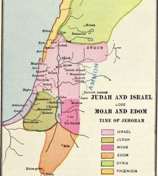 Mapa de Levante en 890 a. C. Codificado por colores para mostrar reinos. Moab está en rosa oscuro, al este del Mar Muerto.