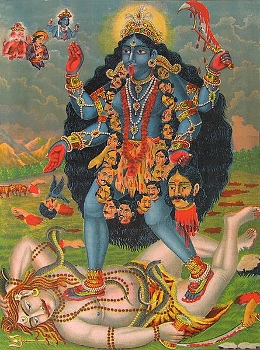 Kali de pie sobre el cuerpo de Shiva