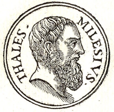 Una imagen impresa de Tales con texto griego en forma de medallón.