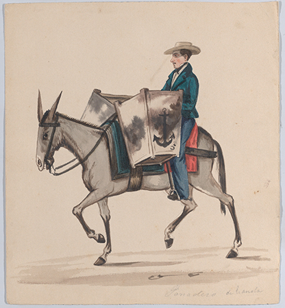 Un panadero con un gran sombrero sentado sobre un caballo que lleva dos grandes cestas de pan.