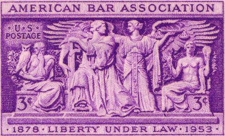 Sello morado con símbolos legales, el nombre completo de ABA en la parte superior y las fechas de fundación (1878) y año 75 (1953) en la parte inferior.