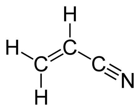 Figura 1. La estructura de Lewis para el acrilonitrilo, que muestra los grupos funcionales alqueno y nitrilo que componen esta estructura.