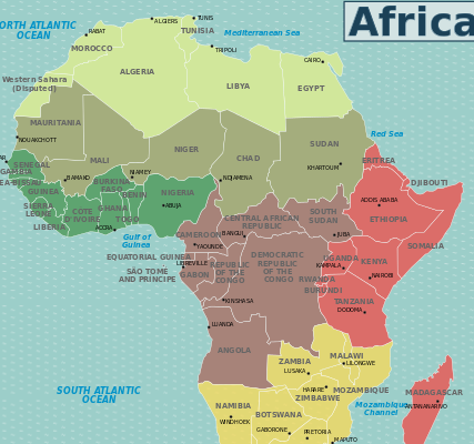 Mapa que muestra los países africanos en diferentes colores