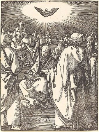 Una xilografía del Pentecostés. Todos los apóstoles están reunidos, algunos sentados y otros de pie. Se ve a la virgen María leyendo en el medio. Sobre ellos está el Espíritu Santo representado como una paloma, y todos los presentes tienen una pequeña lengua de fuego encima de su cabeza.