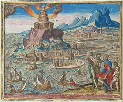 Foto de una pintura del siglo XVI que representa una torre alta en un puerto rodeada de barcos.
