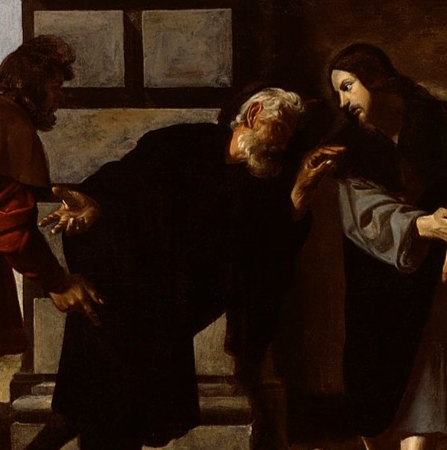 Pintura barroca española en tonos tierra de Cristo y dos discípulos después de la resurrección