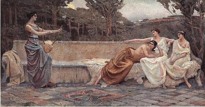 Safo, una pintura de 1891 de Amanda Brewster Sewell. En la pintura, cuatro mujeres de la antigua Grecia descansan en un jardín. Una mujer toca un instrumento mientras otras tres observan.
