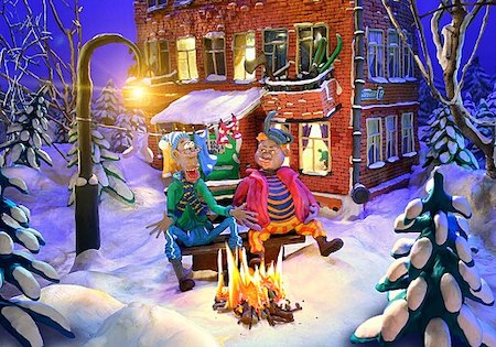 Imagen en color de figuras de plastilina en una escena invernal.