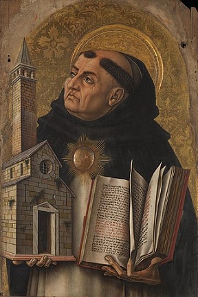 Una pintura medieval de un monje sosteniendo un libro y una maqueta de una iglesia.