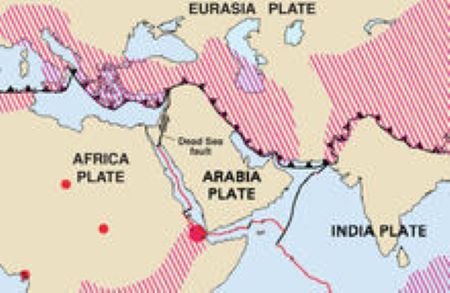 Mapa que muestra la convergencia de la placa tectónica de Arabia y la placa tectónica de Eurasia