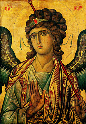 Fotografía en color de una pintura del arcángel Gabriel.