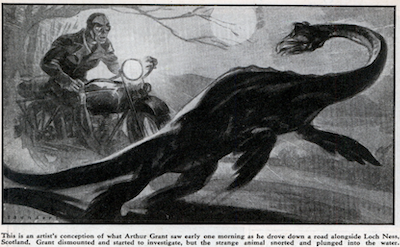 Ilustración del supuesto encuentro de Arthur Grant con el monstruo. Grant conduce su motocicleta y casi atropella al monstruo.