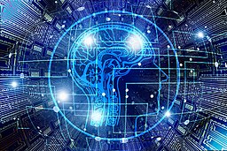 Una imagen futurista de un contorno de la cabeza y el cerebro humanos con explosiones estelares y conectores dentro y fuera