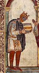 Ilustración del rey Athelstan con una corona y un libro