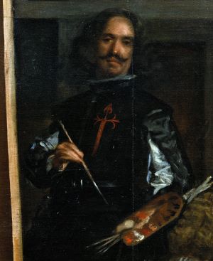 Cuadro de un pintor de pelo oscuro y bigote. Parece concentrado, sus ojos apuntan justo debajo de la mirada del espectador.