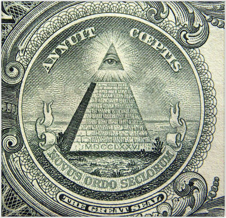 Imagen en color de la parte del reverso del billete de un dólar estadounidense que muestra el Gran Sello
