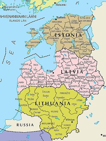 Este mapa muestra los tres estados bálticos con sus estados delineados.