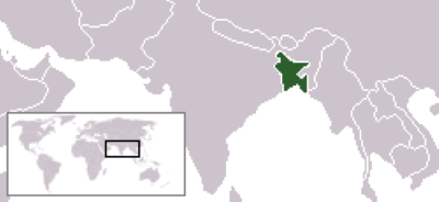 Mapa que muestra la ubicación de Bangladesh en el sur de Asia. Los países vecinos están en gris y Bangladesh en verde.