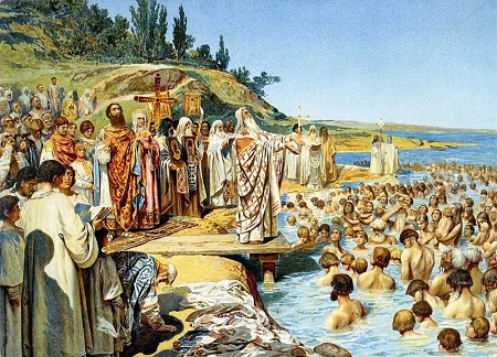 Pintura de un sacerdote bautizando a muchos en un cuerpo de agua.