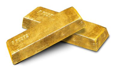 En esta imagen se apilan dos lingotes de oro con un fondo blanco.
