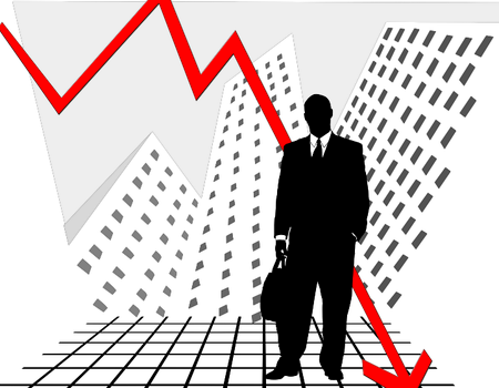 Una imagen de un hombre de negocios y un símbolo de la caída del precio de las acciones.