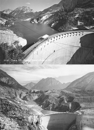 Imagen superior, una presa en una región montañosa con un embalse lleno detrás. Imagen inferior, la misma presa con el embalse lleno por un deslizamiento de tierra.