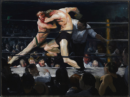 Pintura de dos grandes boxeadores en un ring peleando brutalmente entre sí y el árbitro tratando de separarlos.