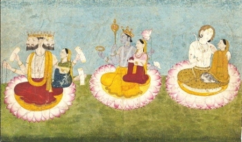 Brahma, Vishnua y Shiva sentados en lotos con sus consortes