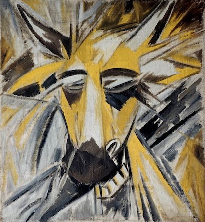 Una pintura de la cabeza de un toro de Larionov, en su mayor parte amarilla y negra y muy estilizada.
