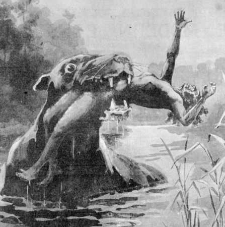 Un bunyip con forma de foca devorando a un aborigen australiano