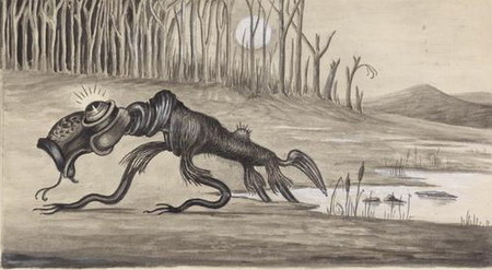 Un Bunyip de forma extraña con un cuerpo largo, aletas delgadas y una lengua bífida.
