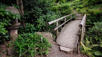 Camino de piedra, puente y linterna.