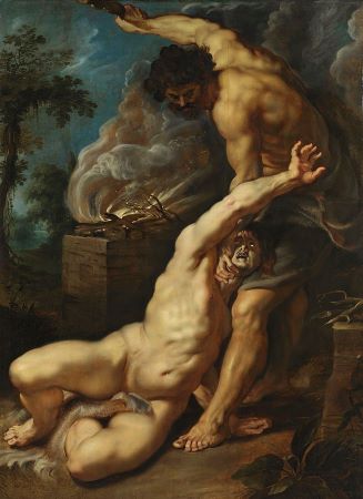 Caín sosteniendo a Abel en el suelo preparándose para atacar