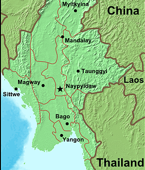 Mapa que muestra la ubicación de la nueva capital de Myanmar
