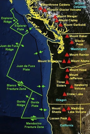 Mapa que muestra la Cordillera de las Cascadas en relación con el límite entre las placas Juan de Fuca y América del Norte