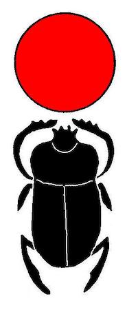 Una ilustración de un escarabajo empujando una bola roja, probablemente el sol naciente.