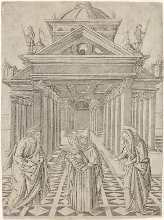 Ejemplo de dibujo en perspectiva con ángel, santo y María en primer plano. Detrás de ellos, en el centro, hay un largo pasillo.