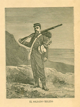 Imagen en tonos sepia de un soldado de infantería del siglo XIX con un mosquete parado en un acantilado junto al mar.