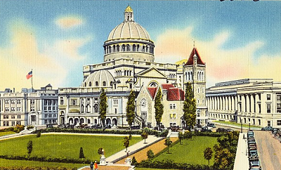 Dibujo de la Iglesia de la Ciencia Cristiana y la nueva Casa Editorial, Boston, Mass.