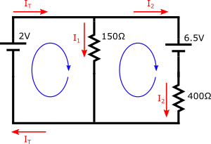 Circuito de ejemplo que muestra los dos bucles de la ley del voltaje.