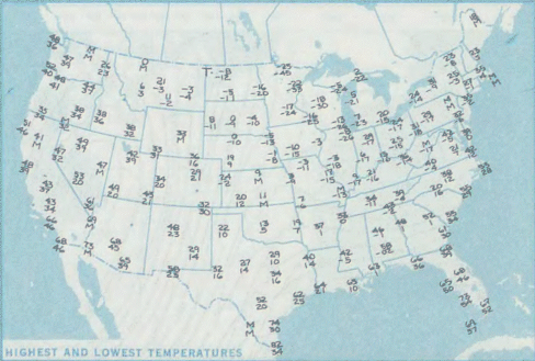 Um campo de temperatura (mapa) dos EUA