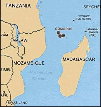 Mapa que muestra la ubicación de las Islas Comoras al noroeste de Madagascar