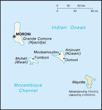 Mapa que muestra las cuatro islas de las Comoras