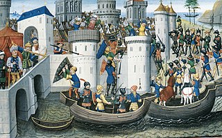 Hombres en botes y hombres en una fortificación blanca parecida a un castillo luchando entre sí