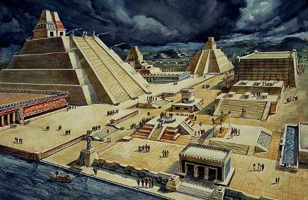 Representación de la plaza sagrada alrededor del Templo Mayor, en la foto de la izquierda