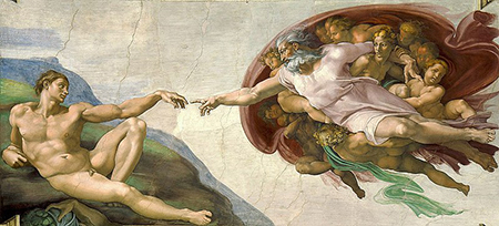 Pintura de un joven acercándose a una figura masculina mayor rodeada de niños.