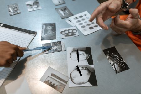 Una persona esposada señala fotografías.