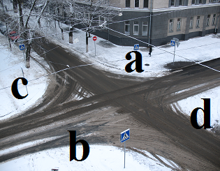 intersección de carreteras con ángulos opuestos