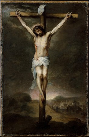 Una pintura de Jesús durante su crucifixión, con un fondo oscuro.
